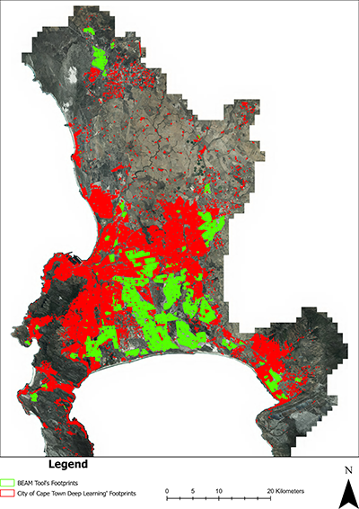 IADs detected using BEAM in green, City of Cape Town’s Deep Learning footprints in red